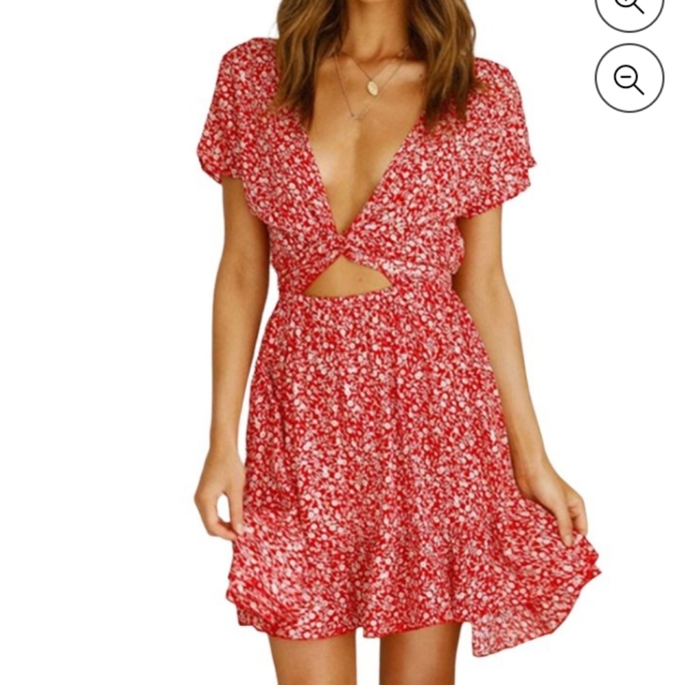RED FLORAL FRON TIE RUFFLE MINI DRESS